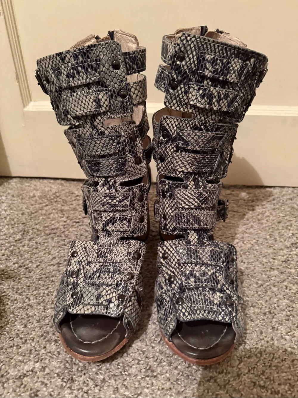 Freebird by Steven Snake-Print Cutout Strappy Knee Boots - Black/Gray